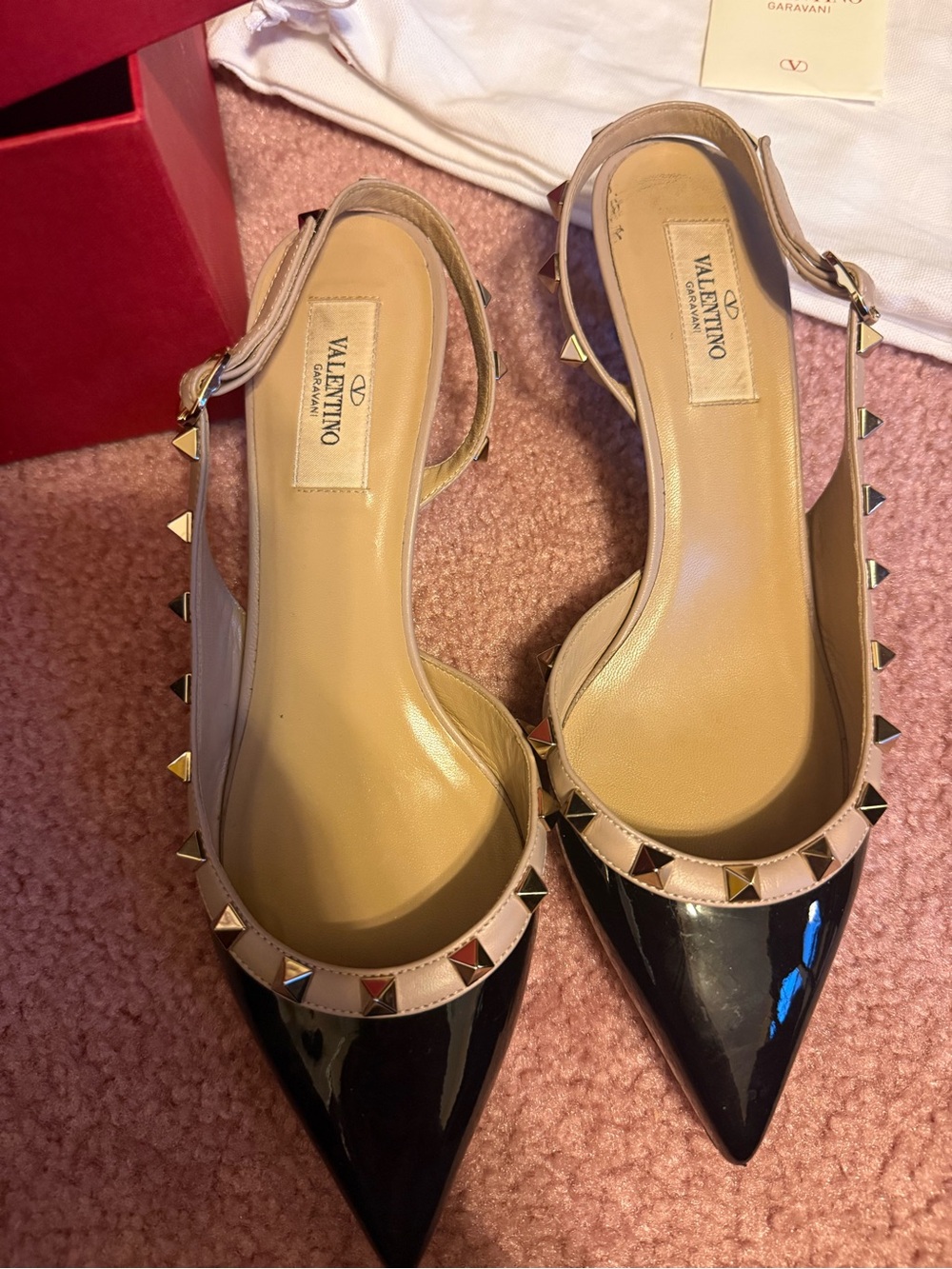 Valentino Rockstud Two-Tone Pointed Slingback Flats in Black and Beige